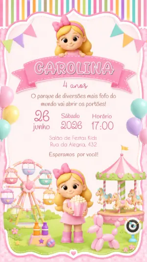 Convite Aniversário Menina Parque de Diversões Editável