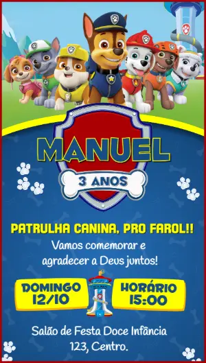Convite de Aniversário Patrulha Canina para Editar Online