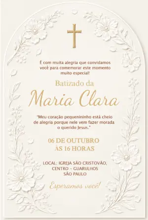 Convite de Batizado Menina Floral Dourado Modelo Editável