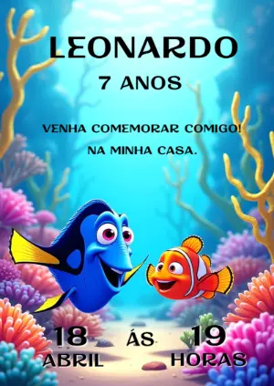 Convite de Aniversário Dory e Nemo Fundo do Mar Editável