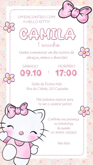 Convite de Aniversário Hello Kitty Rosa Fofo para Editar
