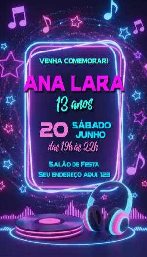 Convite de Aniversário Balada Neon Musical para Editar