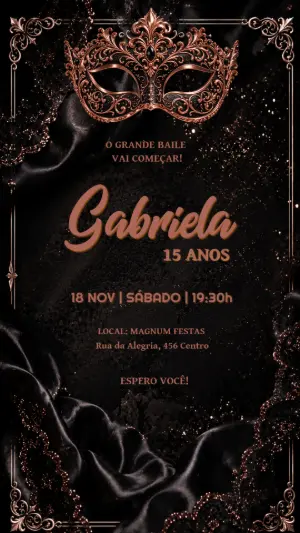 Convite Debutante Baile de Máscaras Preto e Rosé Gold Editável