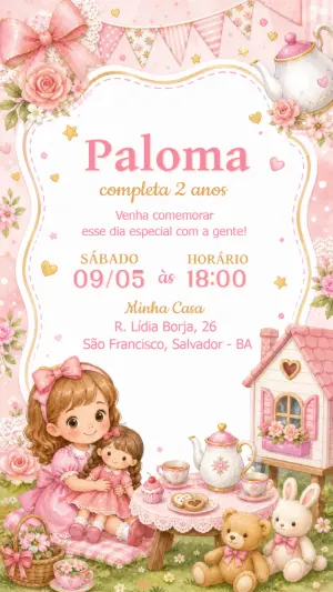 Convite de Aniversário Chá de Bonecas Aquarela Editável