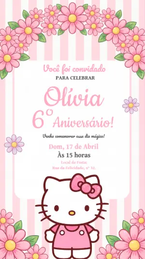 Convite de Aniversário Hello Kitty Rosa e Floral Editável