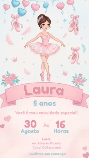 Convite de Aniversário Bailarina Rosa Delicado para Editar