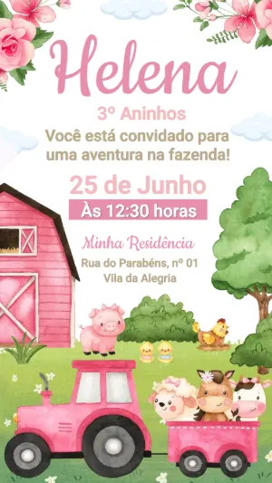 Convite de Aniversário Fazendinha Rosa Aquarela Editável