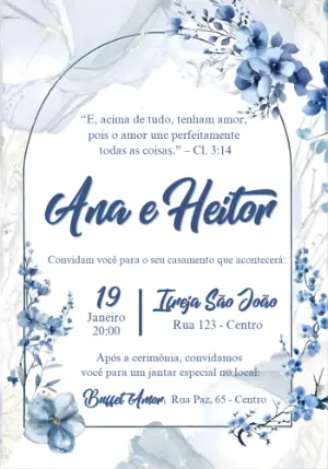 Convite de Casamento Floral Azul Aquarela para Editar