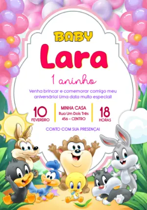 Convite de Aniversário Baby Looney Tunes Colorido para Editar