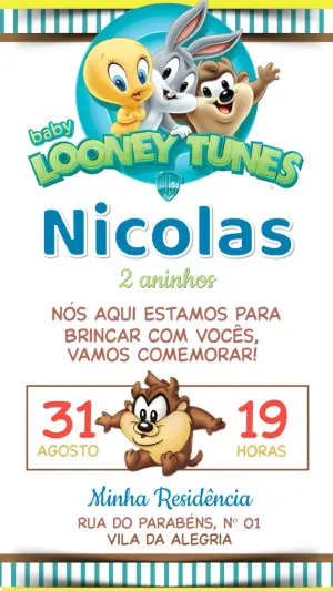 Convite de Aniversário Baby Looney Tunes Colorido para Editar