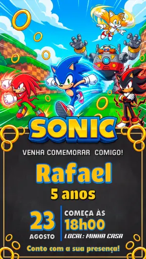Convite de Aniversário Sonic: Aventura Digital para Editar