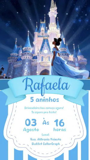 Convite de Aniversário Princesa e Castelo Azul Editável