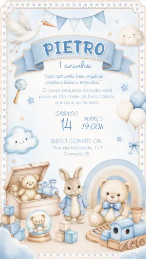 Convite Digital Ursinho e Brinquedos para Aniversário Editável