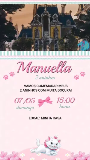 Convite Animado Gatinha Marie Aniversário Rosa para Editar
