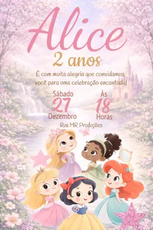 Convite de Aniversário Princesas da Disney Fofas Modelo Editável