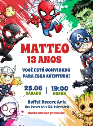 Convite de Aniversário Vingadores Kawaii para Editar