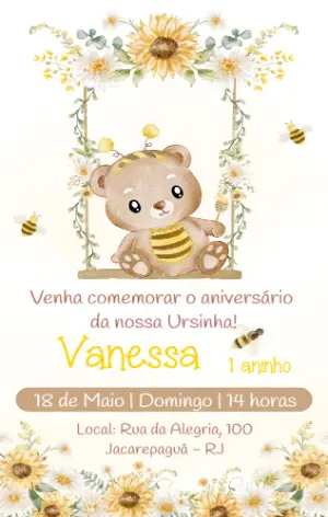 Convite Aniversário Ursinha Abelhinha e Girassol para Editar