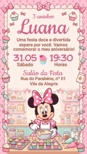 Convite de Aniversário Minnie Confeiteira Rosa Editável