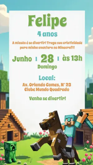 Convite de Aniversário Minecraft com Personagens para Editar