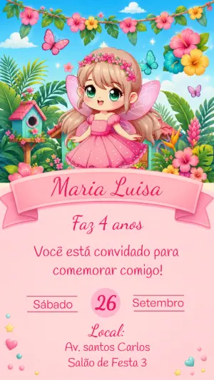 Convite de Aniversário Fada do Bosque Editável para Menina