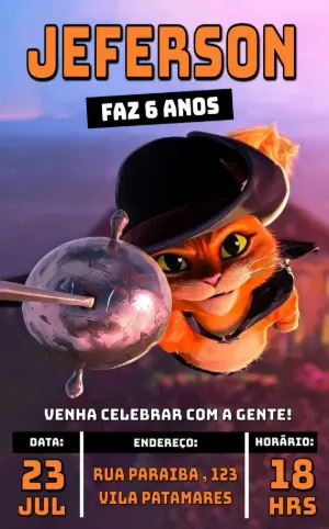 Convite Aniversário Gato de Botas Editável Online
