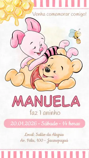 Convite Digital Ursinho Pooh e Leitão Aquarela para Editar