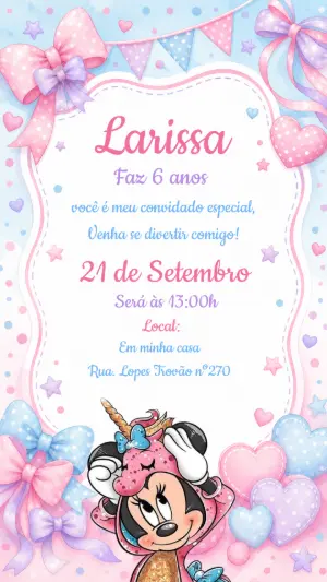 Convite de Aniversário Minnie Unicórnio Rosa e Azul Editável