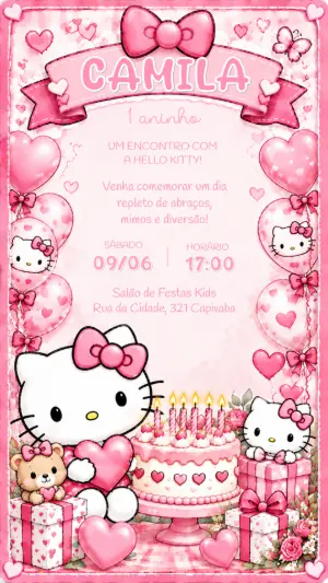 Convite de Aniversário Hello Kitty Rosa Editável
