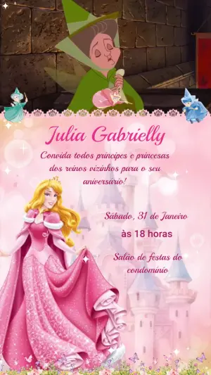 Convite Animado Aniversário Princesa Aurora Rosa para Editar