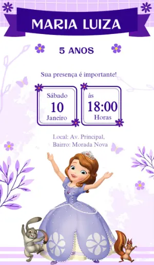 Convite Aniversário Princesa Sofia para Editar Online