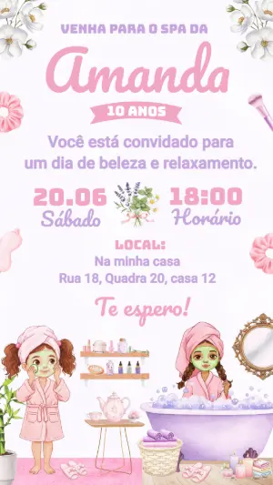 Convite de Aniversário Spa Day Menina Rosa Editável