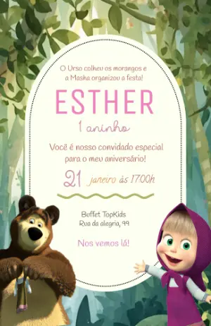 Convite de Aniversário Masha e o Urso Editável