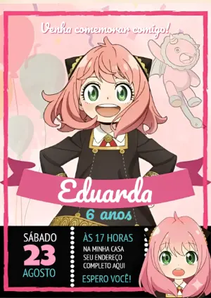 Convite Digital Aniversário Infantil Anya Spy x Family Editável