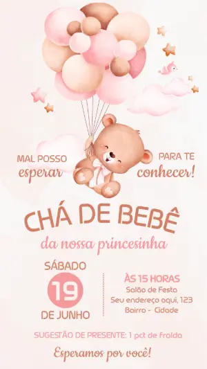 Convite Chá de Bebê Ursinha com Balões para Editar Online
