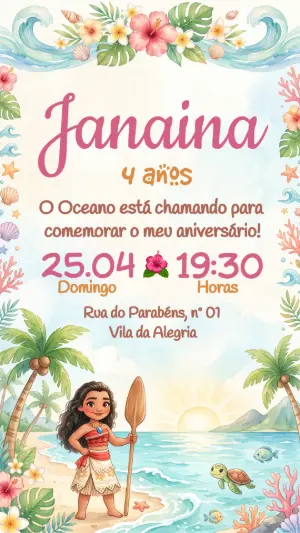 Convite de Aniversário Moana Baby Aquarela Editável