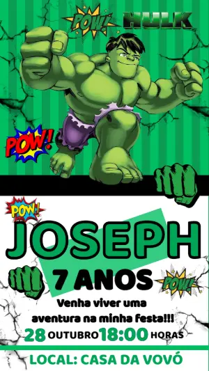 Convite de Aniversário Hulk Estilo Quadrinhos para Editar