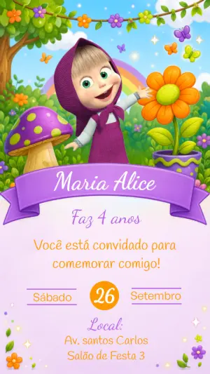Convite de Aniversário Masha e o Urso Editável Online
