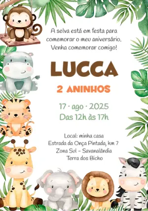 Convite de Aniversário Safari com Bichinhos para Editar Online