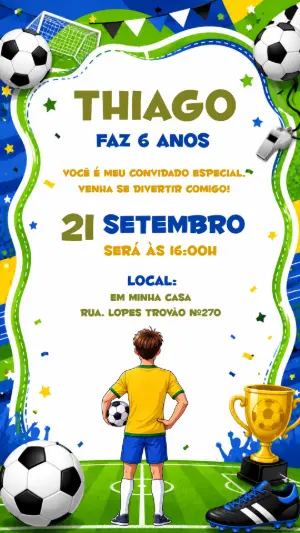 Convite de Aniversário Futebol Brasil Editável