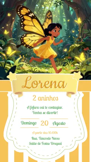 Convite Aniversário Fada Borboleta Amarela Editável