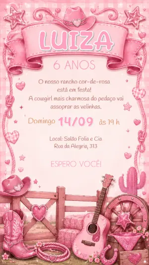 Convite de Aniversário Boiadeira Rosa Country Editável