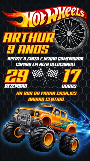 Convite de Aniversário Hot Wheels Monster Truck para Editar