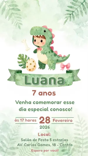 Convite de Aniversário Dinossauro Fofo Aquarela para Editar