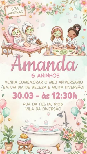 Convite de Aniversário Festa Spa Meninas Aquarela Editável
