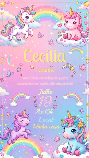 Convite de Aniversário Unicórnio Fofo Colorido para Editar