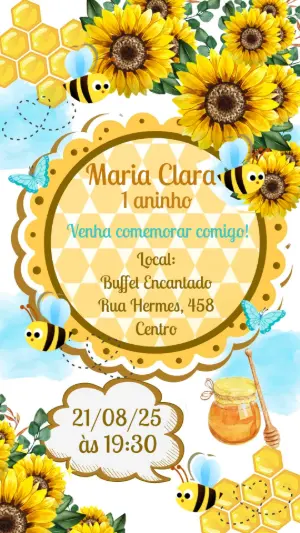Convite Animado Aniversário Abelhinha com Girassol para Editar