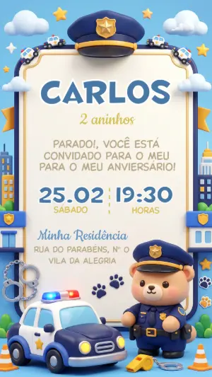 Convite de Aniversário Ursinho Policial 3D para Editar