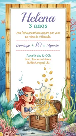 Convite Aniversário Pequena Sereia com Ariel para Editar