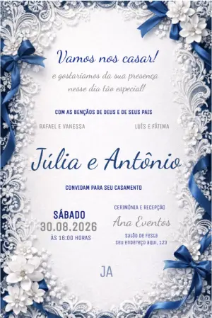 Convite de Casamento Elegante com Renda e Fita Azul Editável
