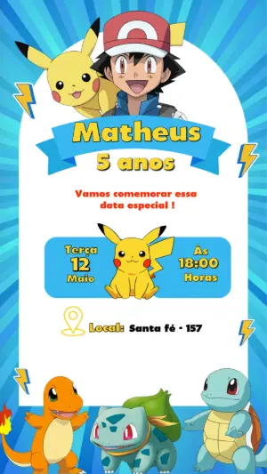 Convite de Aniversário Pokémon Azul e Amarelo para Editar
